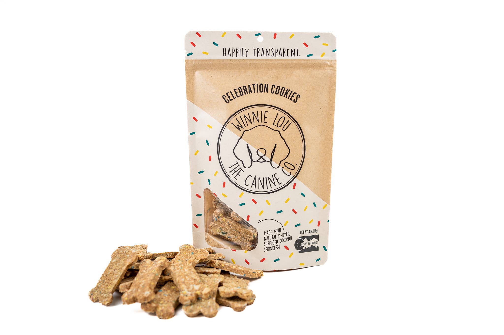 Dog treats with a branded packaging on a white background