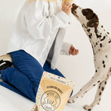 Person sitting on the floor with a Dalmatian dog and a bag of dog food.