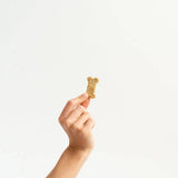 Hand holding a gold dog bone-shaped treat against a white background