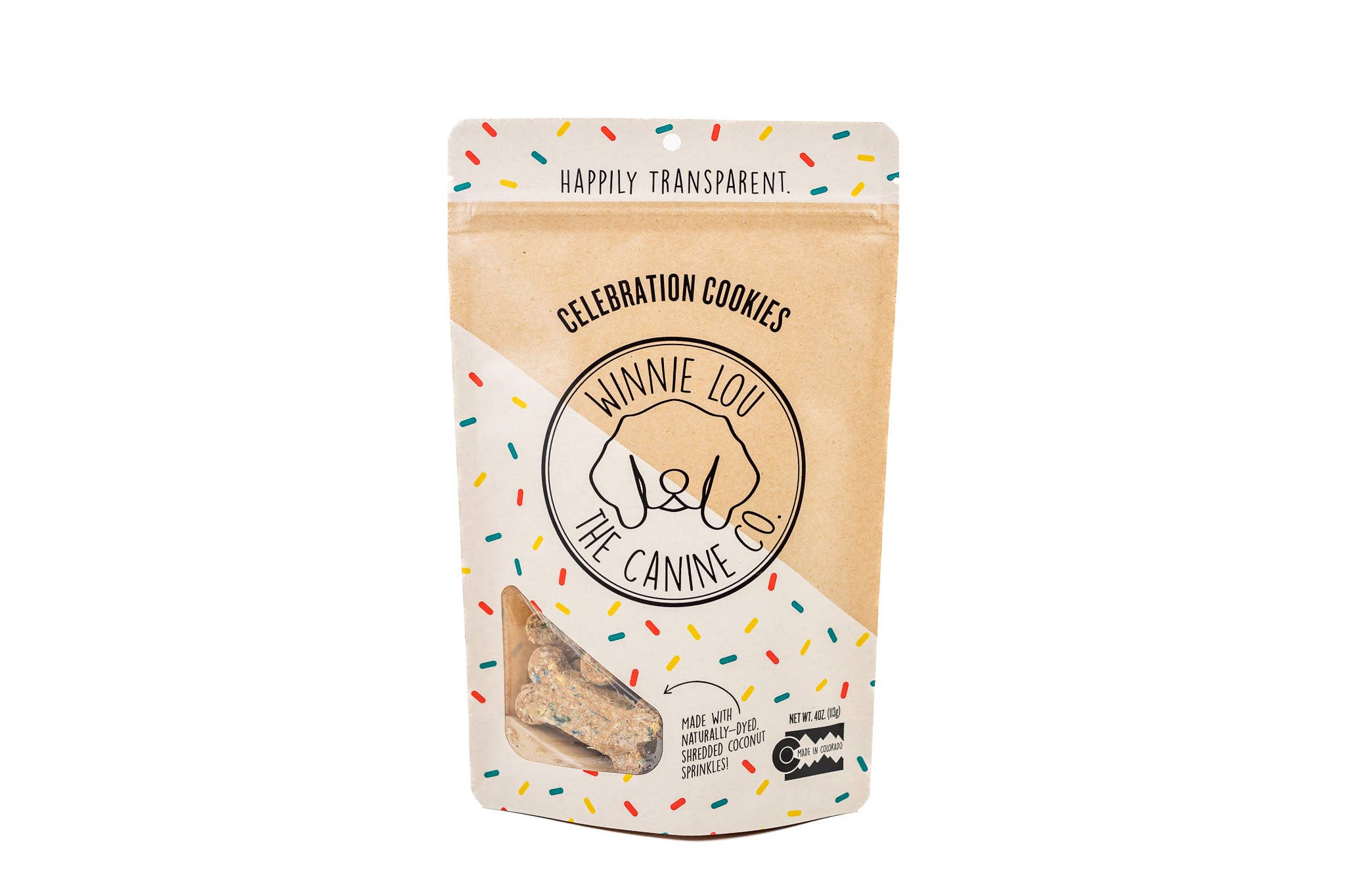 Package of Winnie Lou the Canine Company celebration cookies on a white background