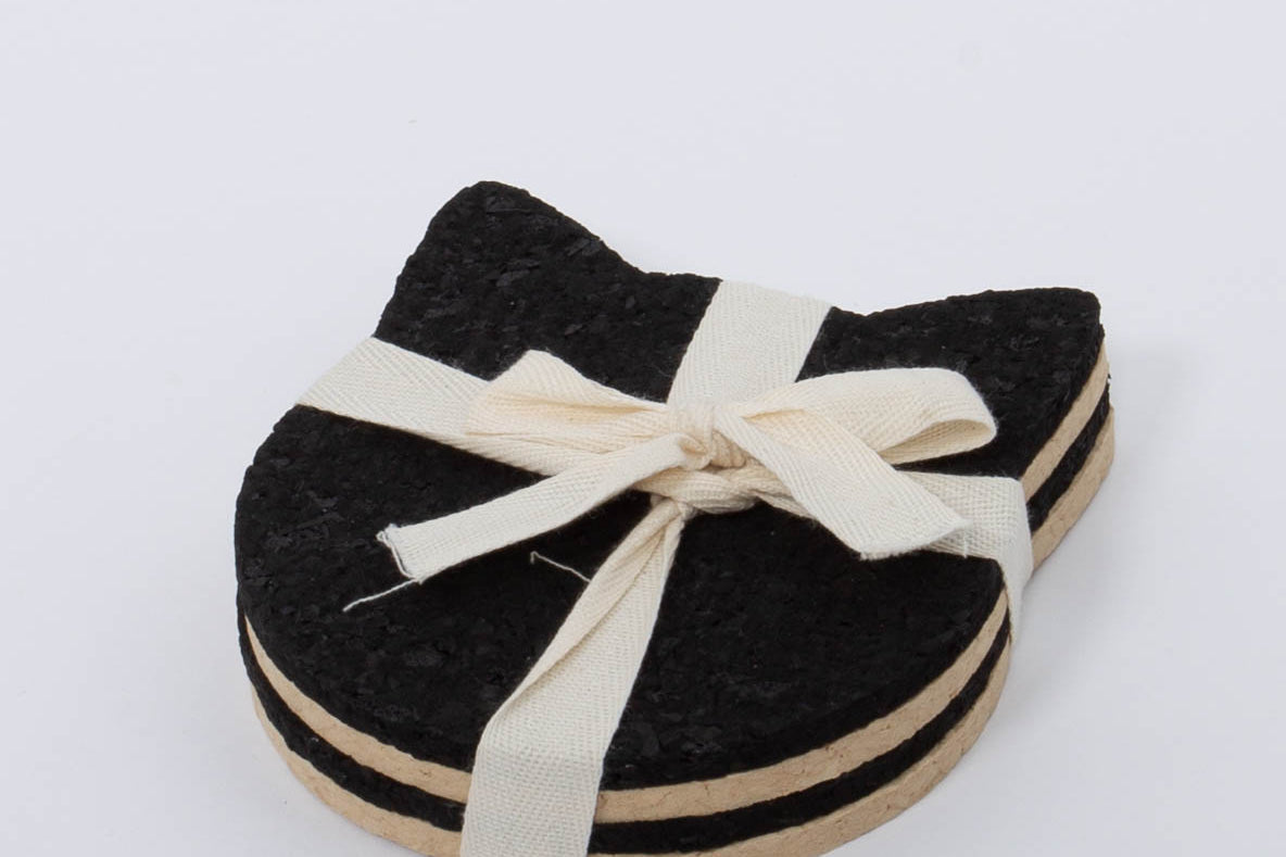 100% Recycled Cat Head Rubber Coaster Set in tan and black by Ore Originals.