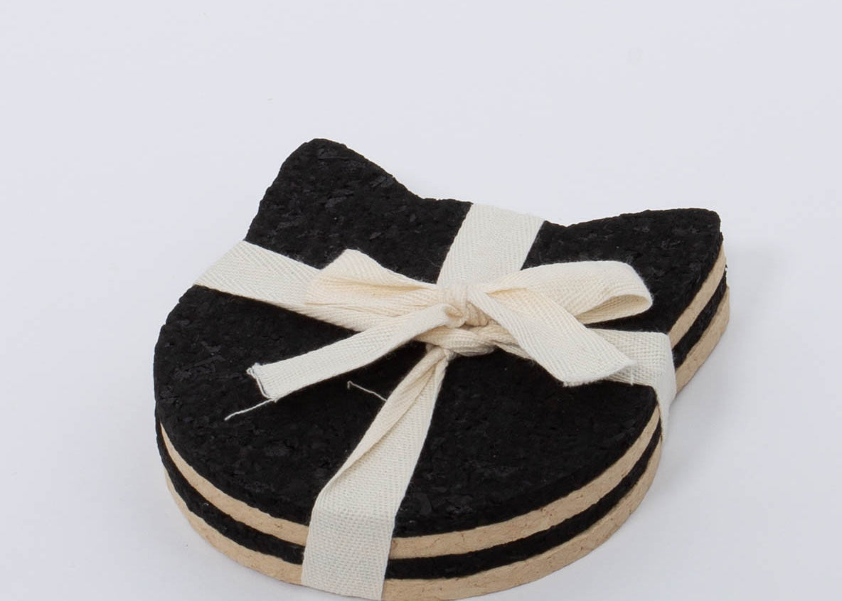 100% Recycled Cat Head Rubber Coaster Set in tan and black by Ore Originals.