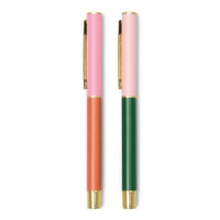 Color Block Pens Set of 2, two slim ballpoint pens with color blocked barrels and gold trim