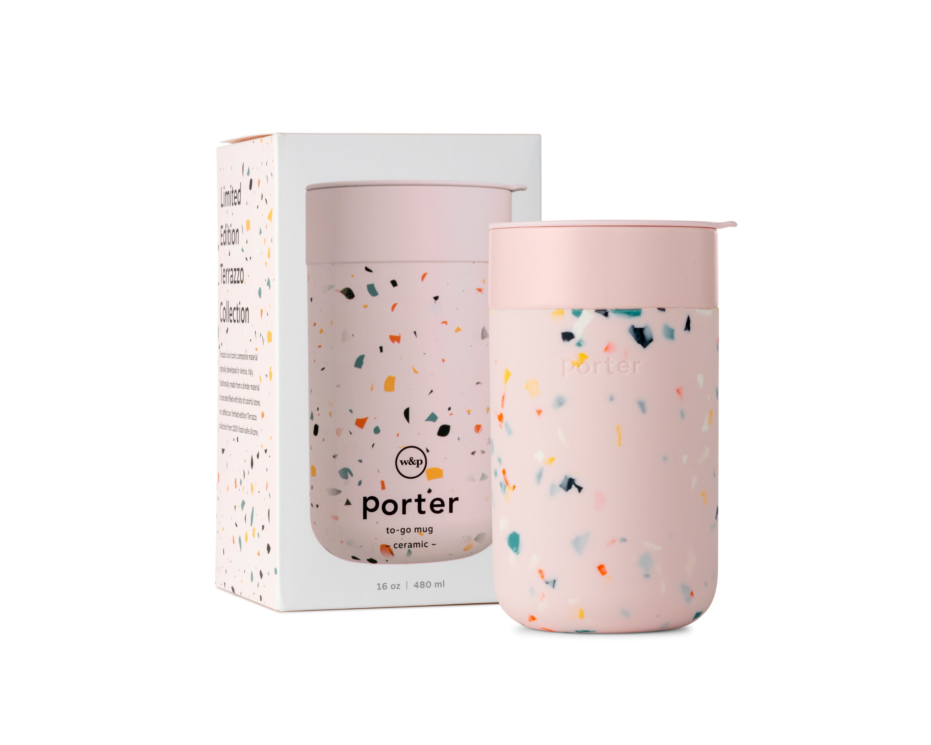 W&P WP-PMCL-TZCM Porter Travel Protective Silicone Sleeve, 16 Ounce  Terrazzo Cream, Reusable Cup for Coffee or Tea, Portable Ceramic Mug with  BPA-Free