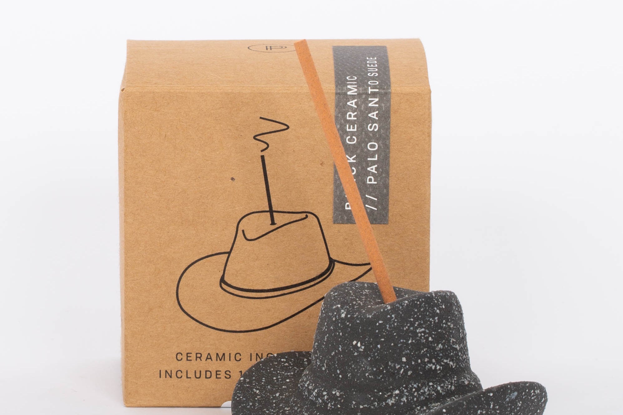 Black Cowboy Hat Incense Holder This vintage-inspired incense burner is on of our favorites! Including 100 fragrant incense sticks of Palo Santo Suede, this ceramic incense holder will keep your space burning with ambiance and fragrant tones.