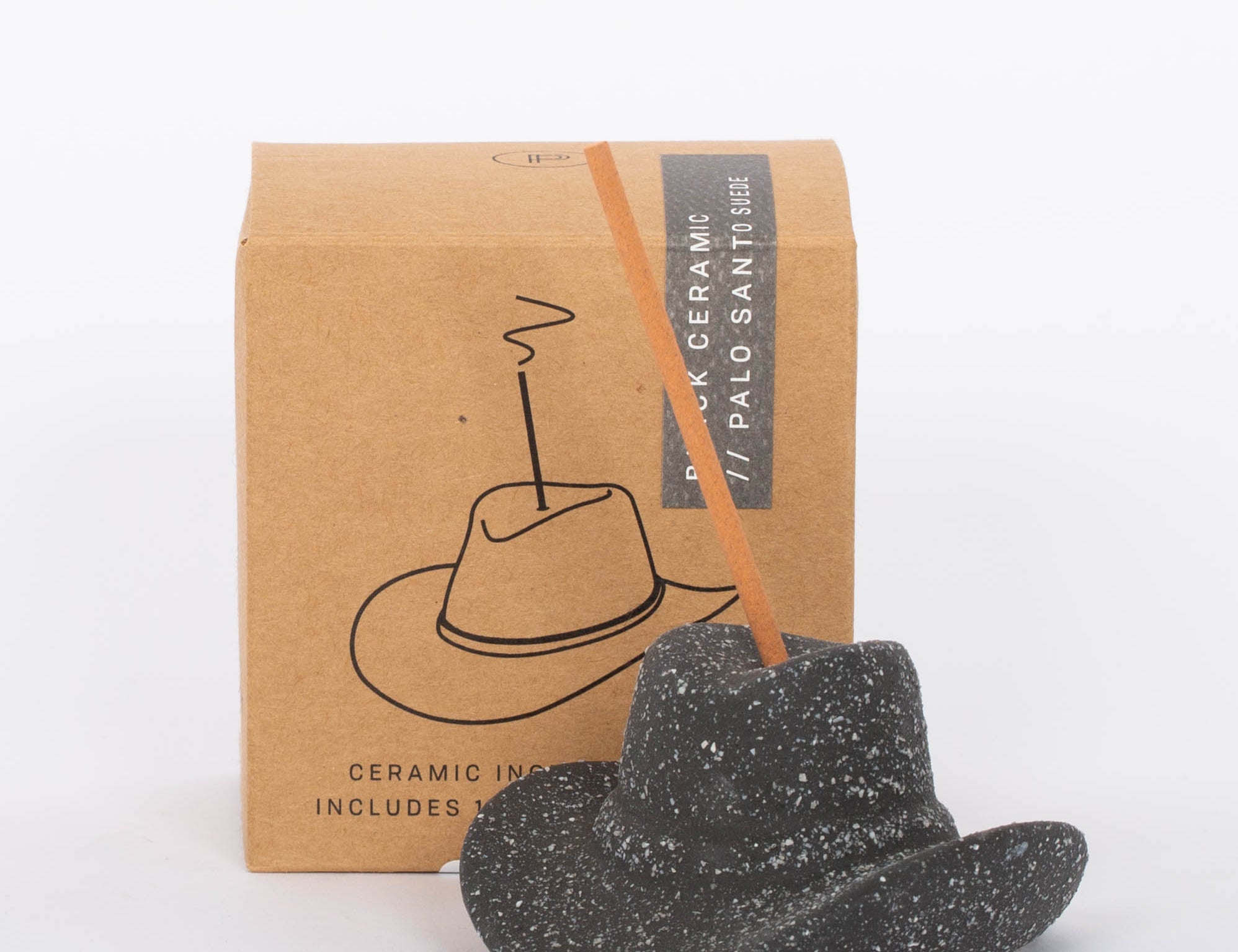 Black Cowboy Hat Incense Holder This vintage-inspired incense burner is on of our favorites! Including 100 fragrant incense sticks of Palo Santo Suede, this ceramic incense holder will keep your space burning with ambiance and fragrant tones.