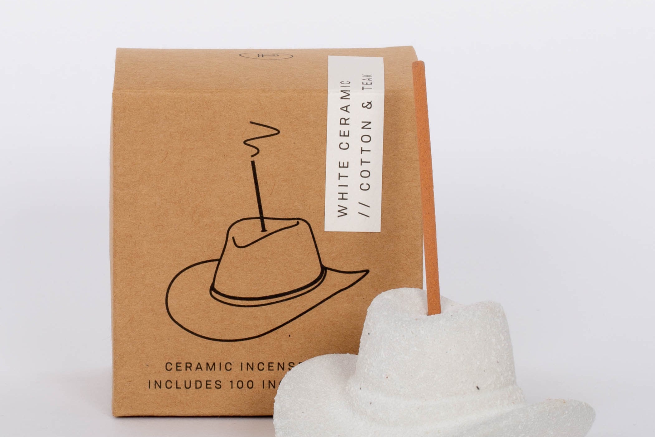 White Cowboy Hat Incense Holder This vintage-inspired incense burner is on of our favorites! Including 100 fragrant incense sticks of Palo Santo Suede, this ceramic incense holder will keep your space burning with ambiance and fragrant tones.