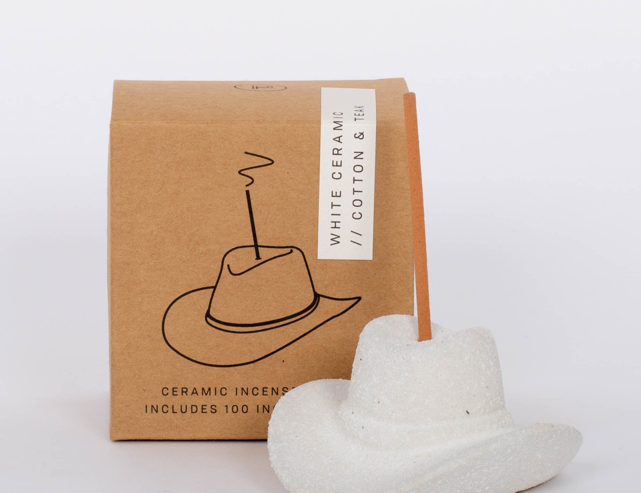 White Cowboy Hat Incense Holder This vintage-inspired incense burner is on of our favorites! Including 100 fragrant incense sticks of Palo Santo Suede, this ceramic incense holder will keep your space burning with ambiance and fragrant tones.