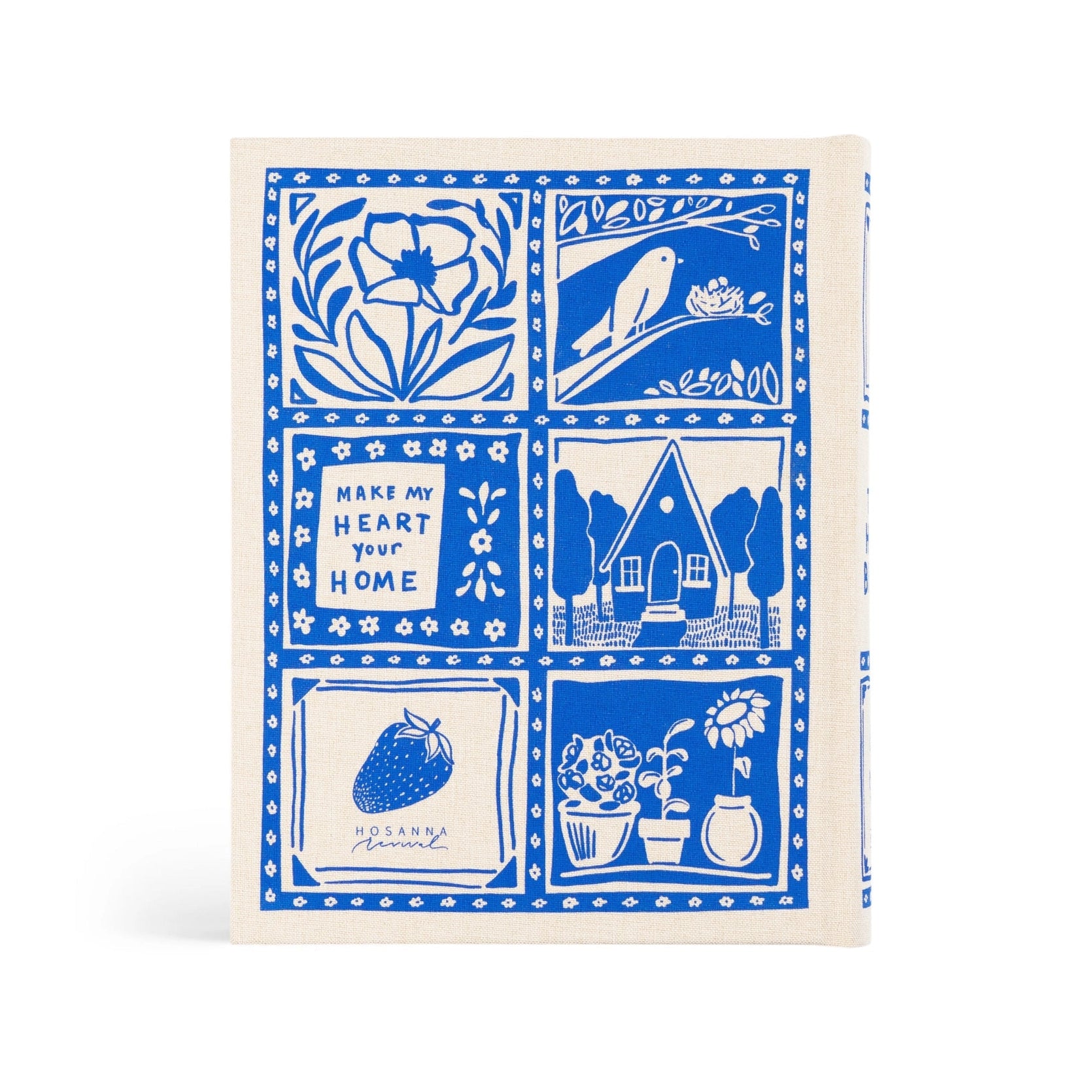 Notebook with blue illustrations and text on a white background