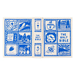 Open book with blue illustrations on a white background