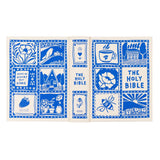 Open book with blue illustrations on a white background