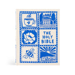 Cover of 'The Holy Bible' with blue illustrations on a white background