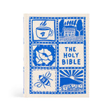 Cover of 'The Holy Bible' with blue illustrations on a white background