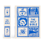 Two books titled 'The Holy Bible' with blue illustrations on a white background