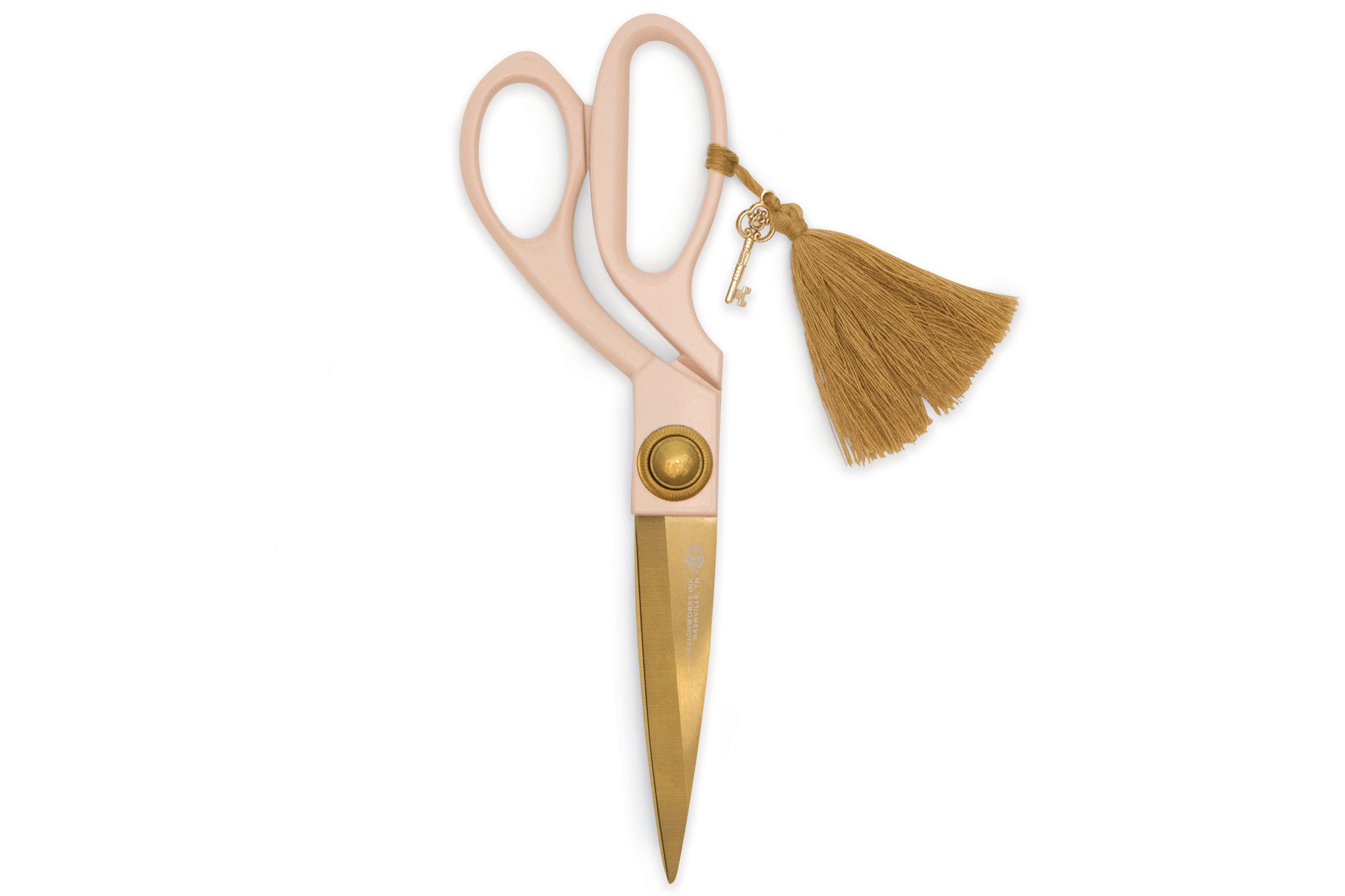 Blush scissors with golden Tassel & Key Charm by Designworks.