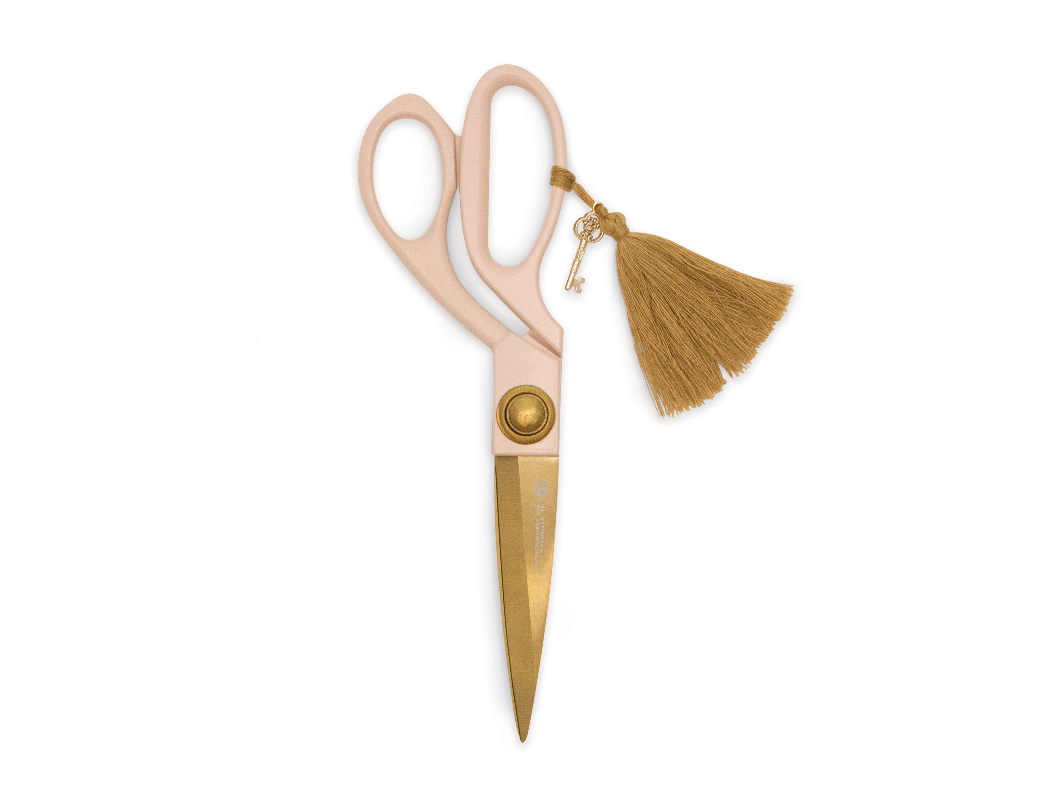 Blush scissors with golden Tassel & Key Charm by Designworks.