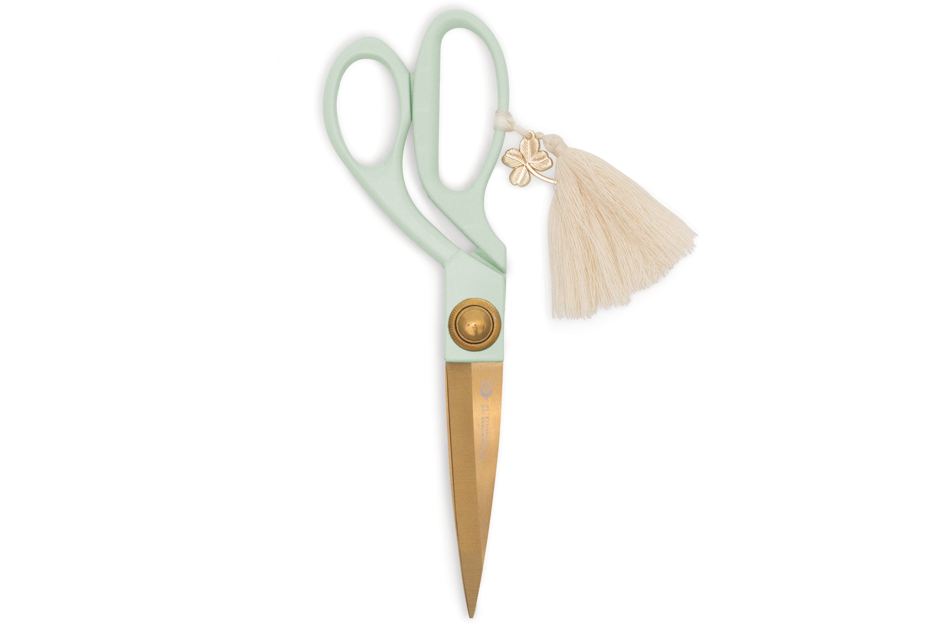 Mint scissors with golden blade and cream Tassel & Shamrock Charm by Designworks.