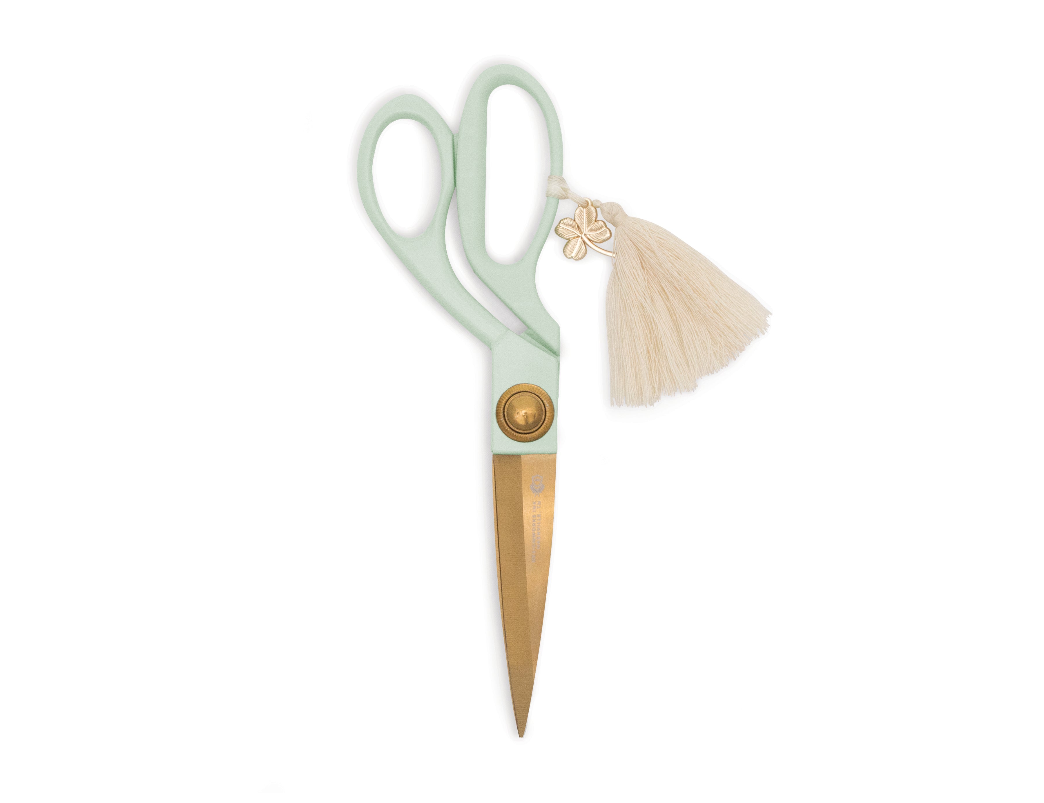 Mint scissors with golden blade and cream Tassel & Shamrock Charm by Designworks.