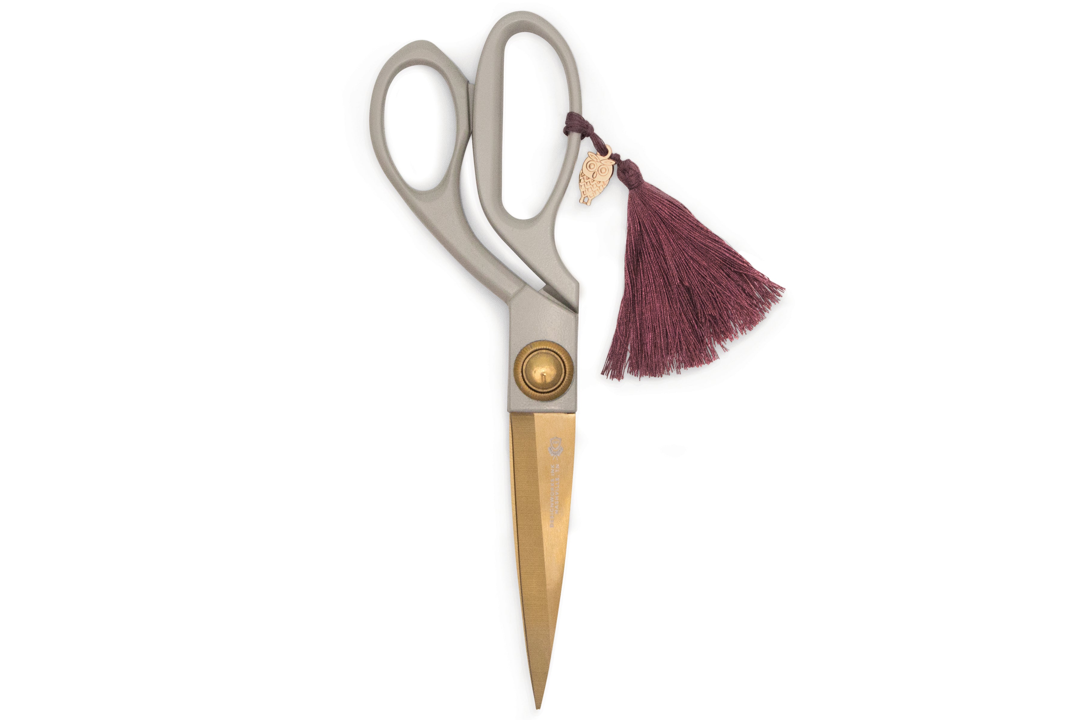 Mushroom scissors with golden blade and maroon Tassel & Owl Charm by Designworks.