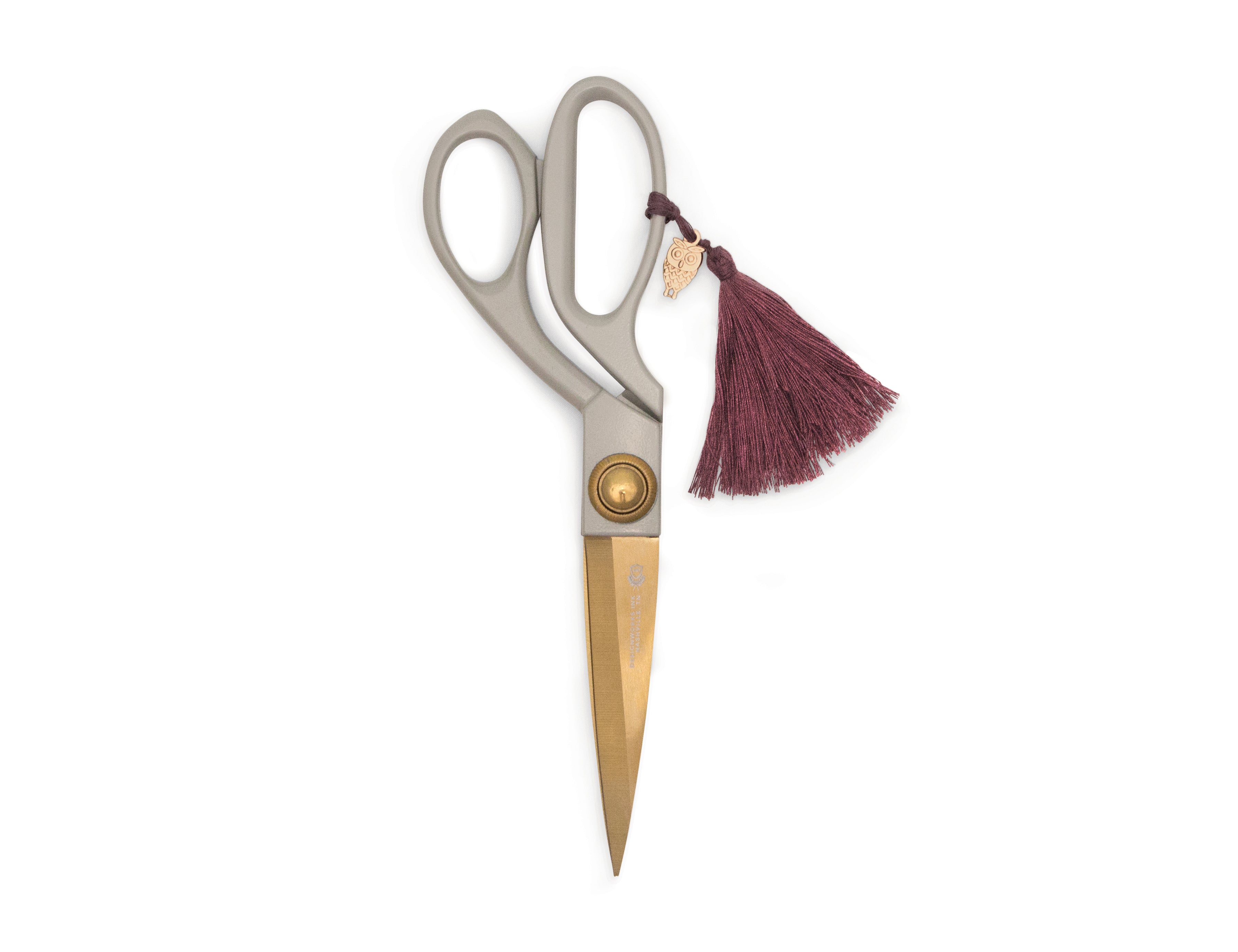 Mushroom scissors with golden blade and maroon Tassel & Owl Charm by Designworks.