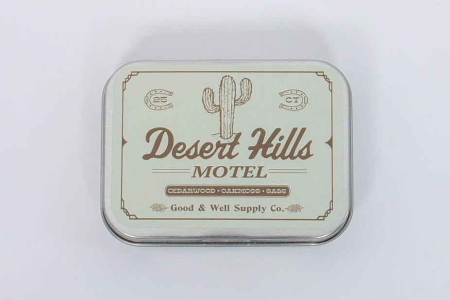 Desert Hills Motel Incense by Good & Well Supply Co in retro tan tin with brown cactus illustration on front. 