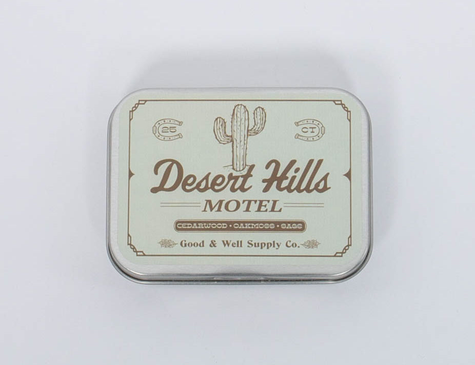 Desert Hills Motel Incense by Good & Well Supply Co in retro tan tin with brown cactus illustration on front. 