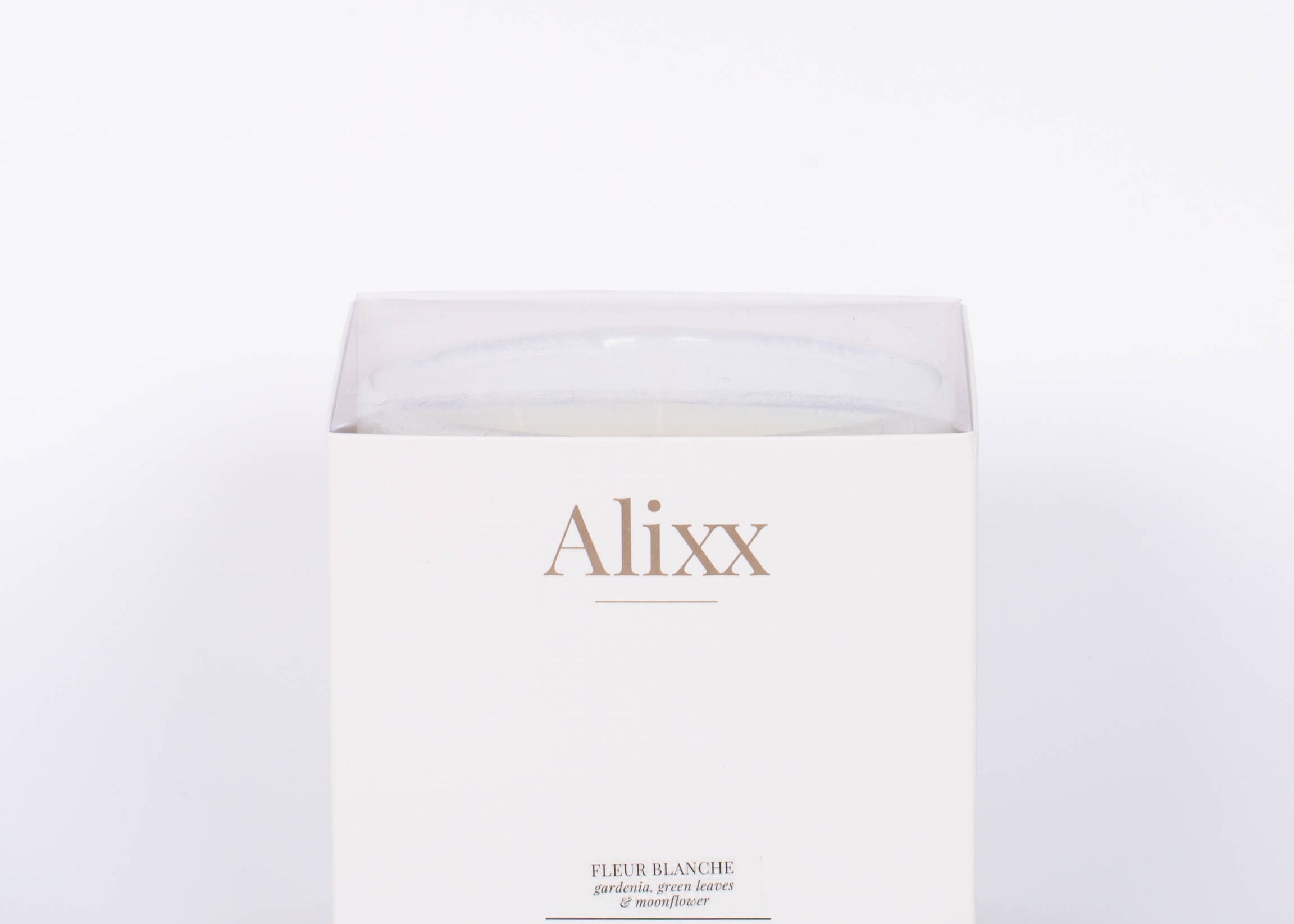 Box for Fleur Blanche Cylindre white bubble glass candle by Alixx with moonflower and violet aroma. 