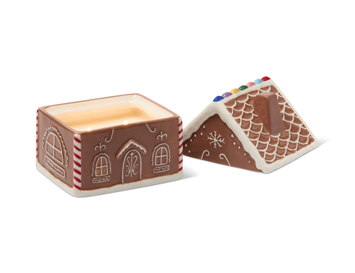 Gingerbread Ceramic House, second view, the roof lid lifted off and set beside the open base