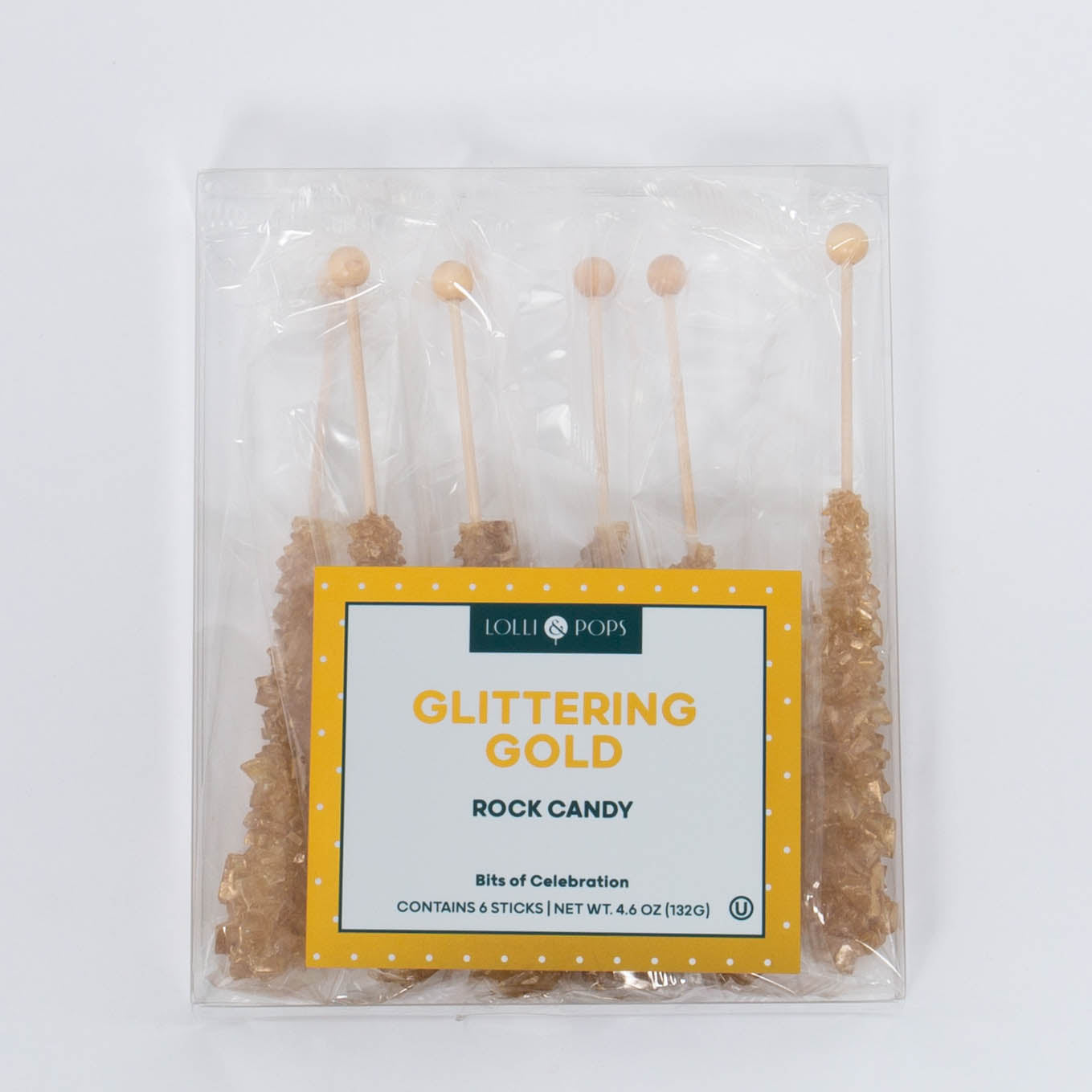 Glittering Gold Rock Candy Pack of six in classic sugar flavor by Lolli & Pops.