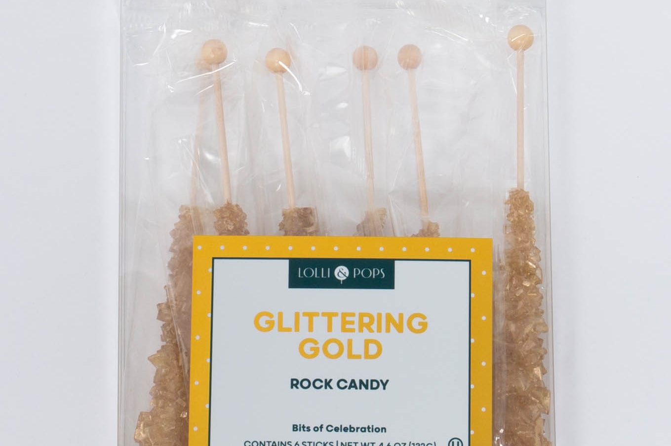 Glittering Gold Rock Candy Pack of six in classic sugar flavor by Lolli & Pops.