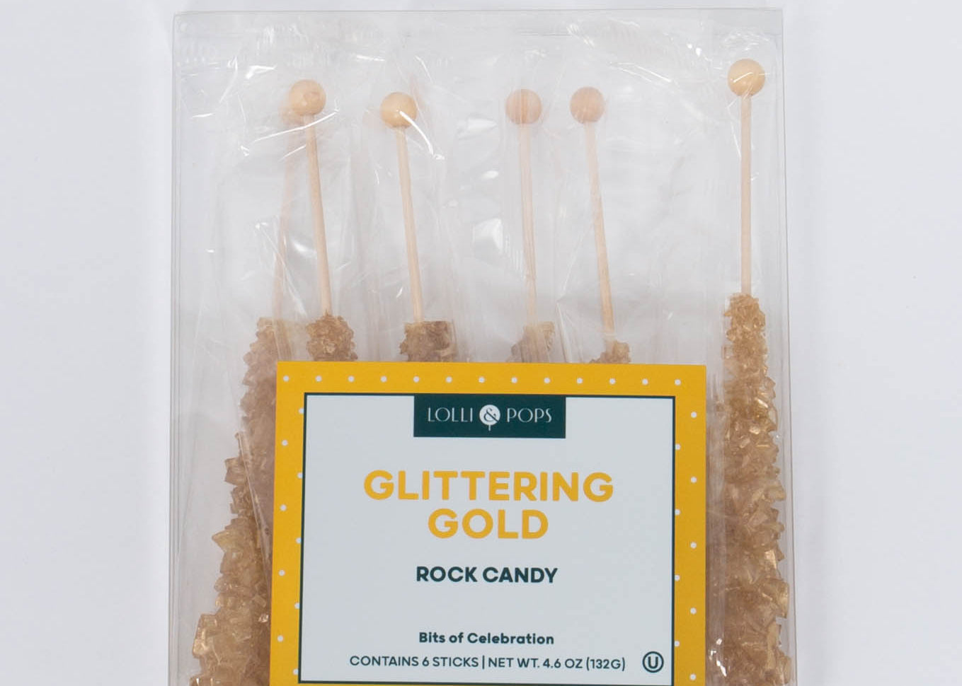 Glittering Gold Rock Candy Pack of six in classic sugar flavor by Lolli & Pops.