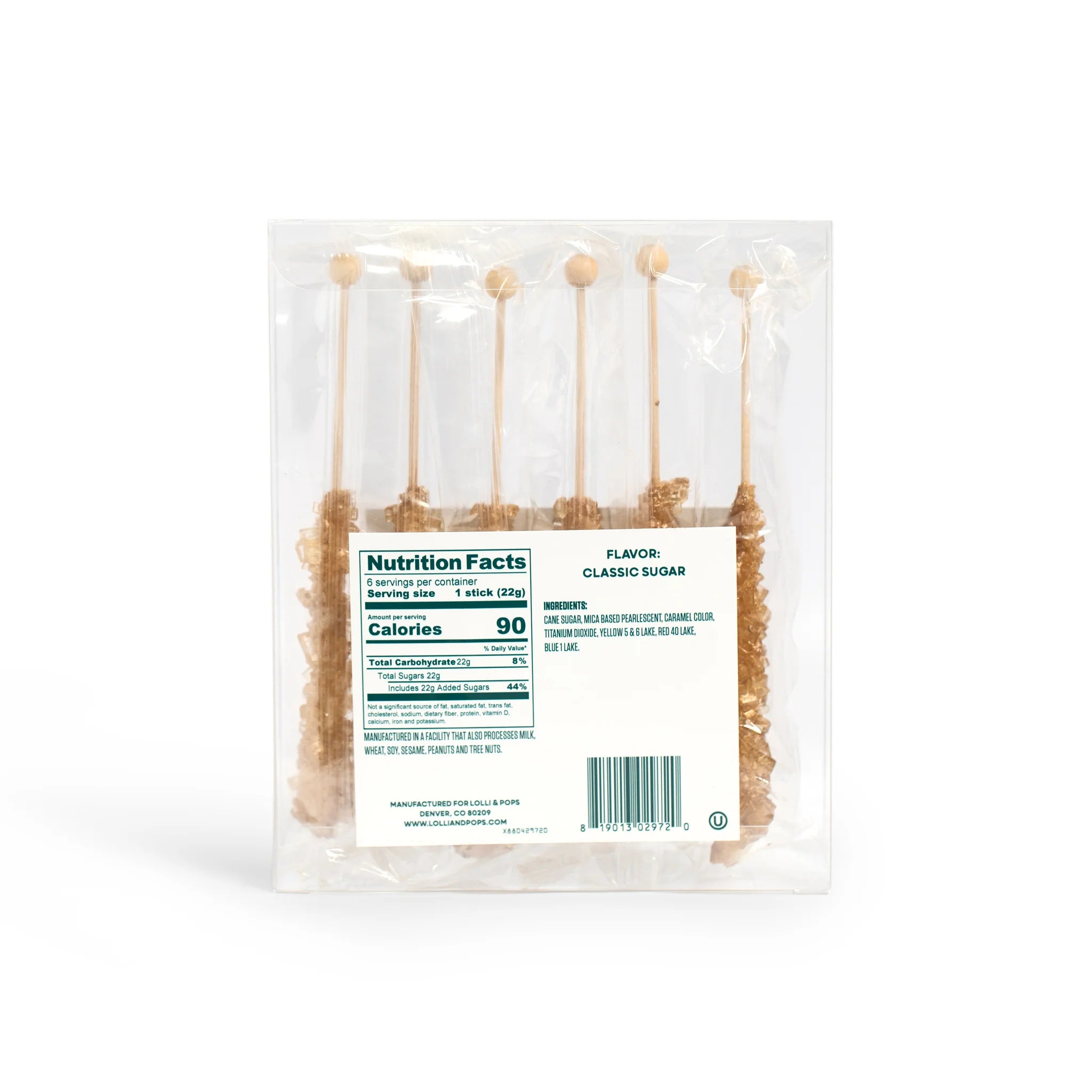 Glittering Gold Rock Candy Pack in classic sugar flavor by Lolli & Pops. 90 calories each.