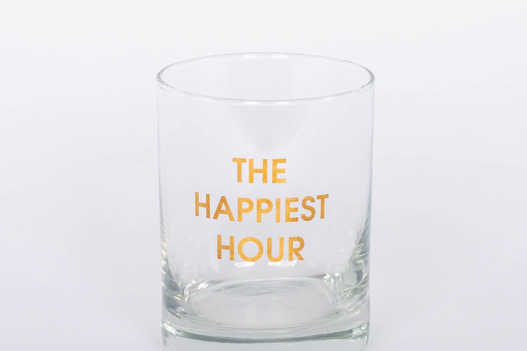 "The Happiest Hour" gold foil rocks glass.   13.25 oz. Rocks Glass, Gold Foil Printed 