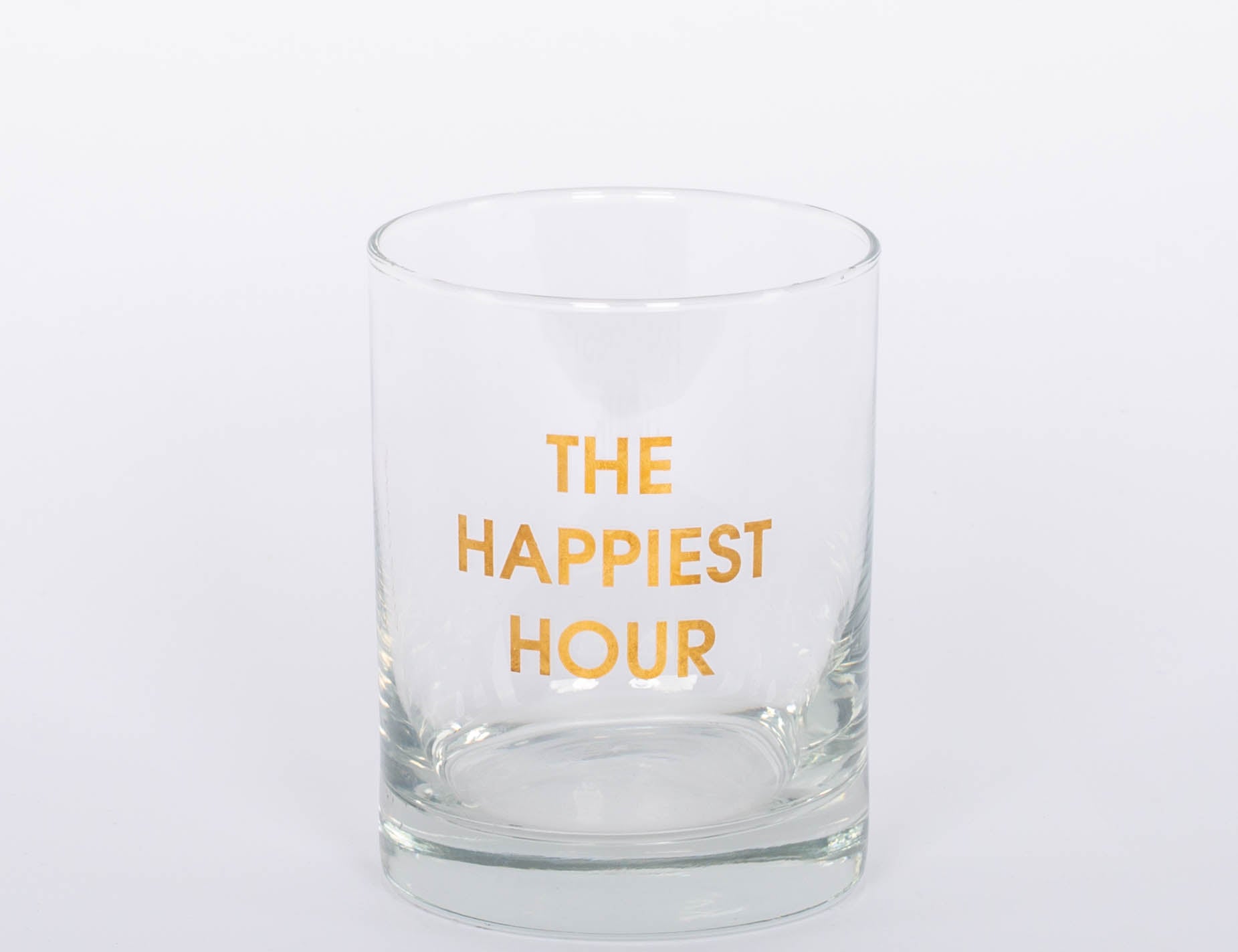 "The Happiest Hour" gold foil rocks glass.   13.25 oz. Rocks Glass, Gold Foil Printed 