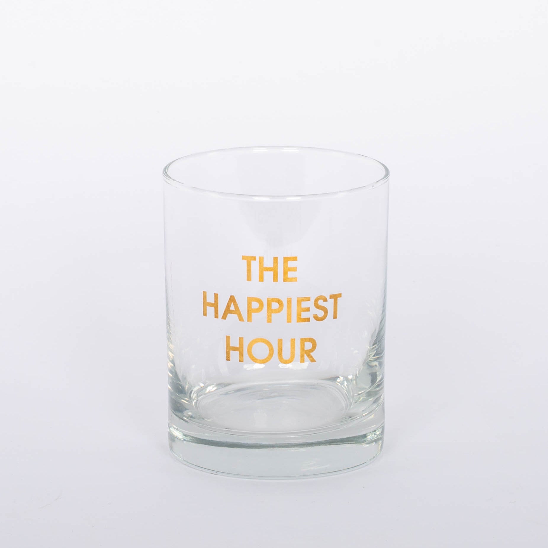 "The Happiest Hour" gold foil rocks glass.   13.25 oz. Rocks Glass, Gold Foil Printed 