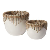 Large and small White Hideaway Pots with two tone neutral base and woven rattan detailing around top rim. 