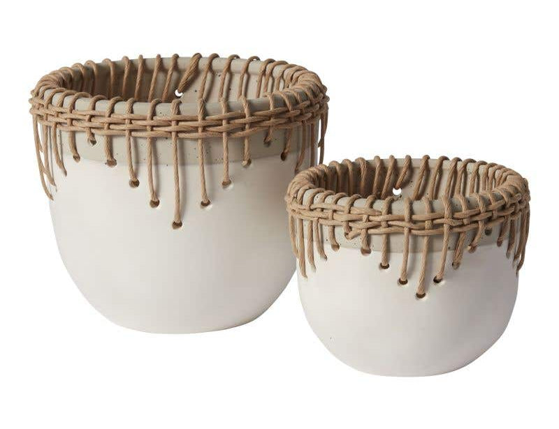 Large and small White Hideaway Pots with two tone neutral base and woven rattan detailing around top rim. 