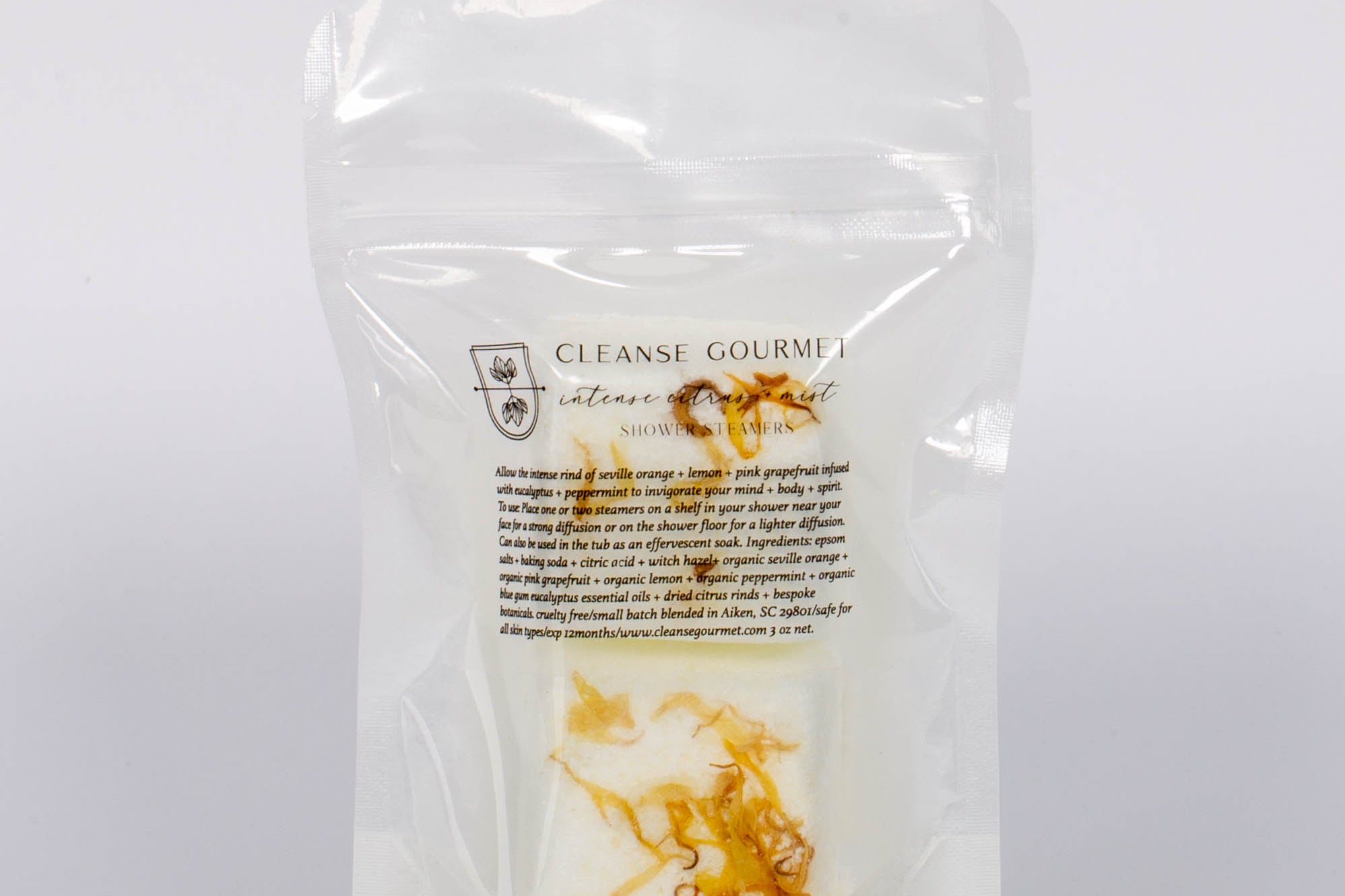 Clear package of two Invigorate Shower Steamers Organic Citrus by Cleanse Gourmet.