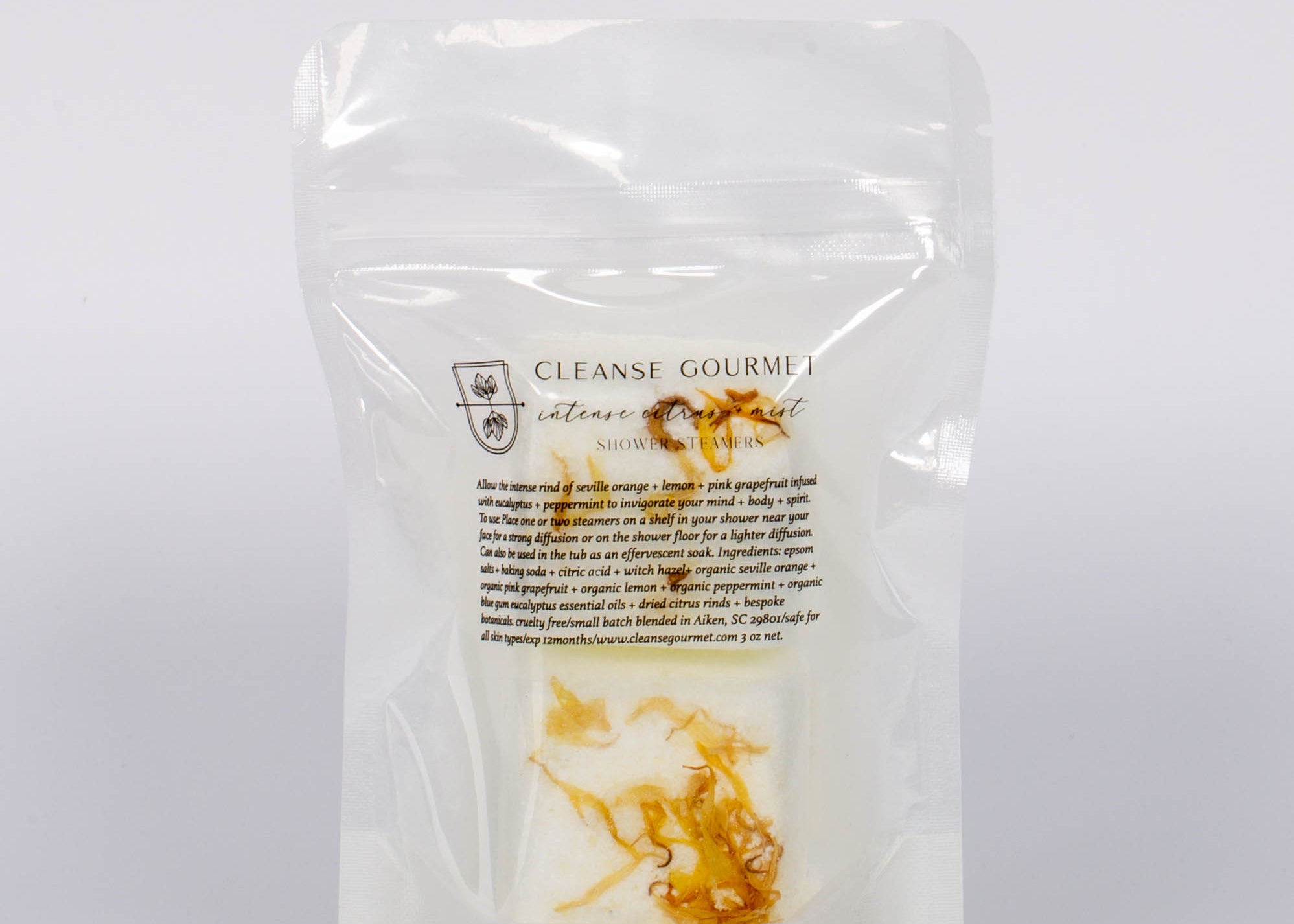 Clear package of two Invigorate Shower Steamers Organic Citrus by Cleanse Gourmet.