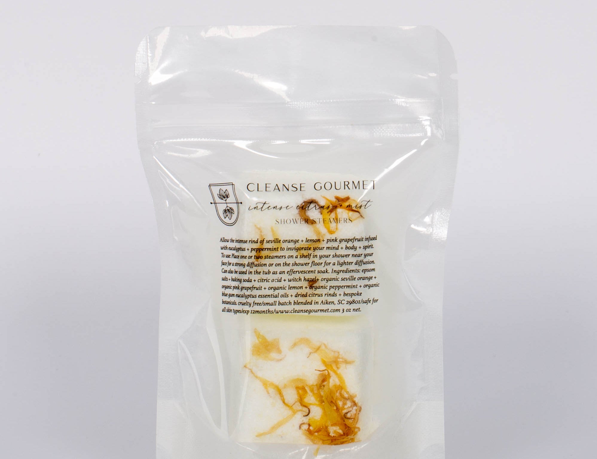 Clear package of two Invigorate Shower Steamers Organic Citrus by Cleanse Gourmet.