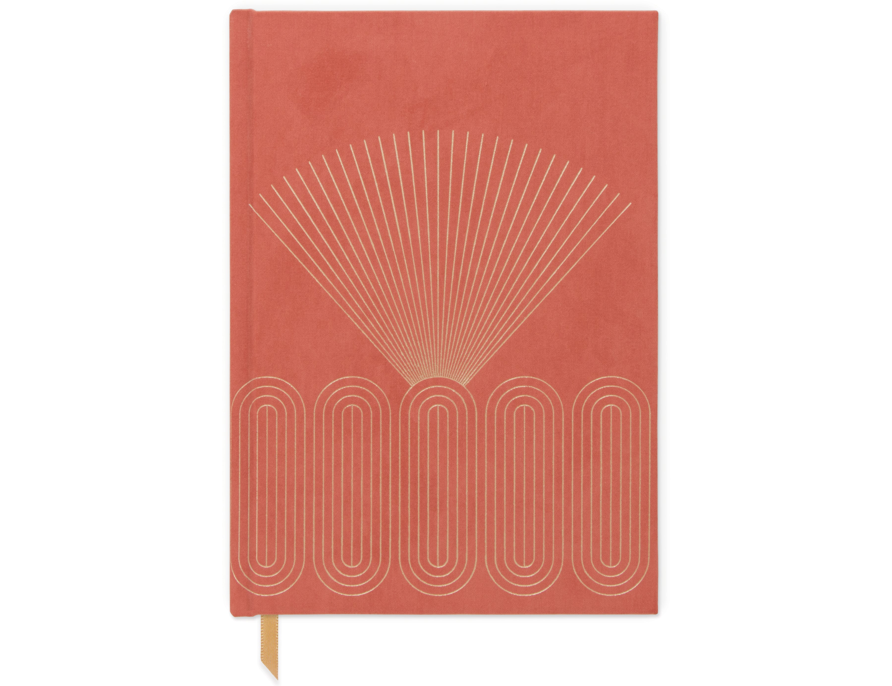 Orangey red Radiant Rays Hard Cover Suede Cloth Journal with pocket, gold geometric design and gold ribbon bookmark. White background. 