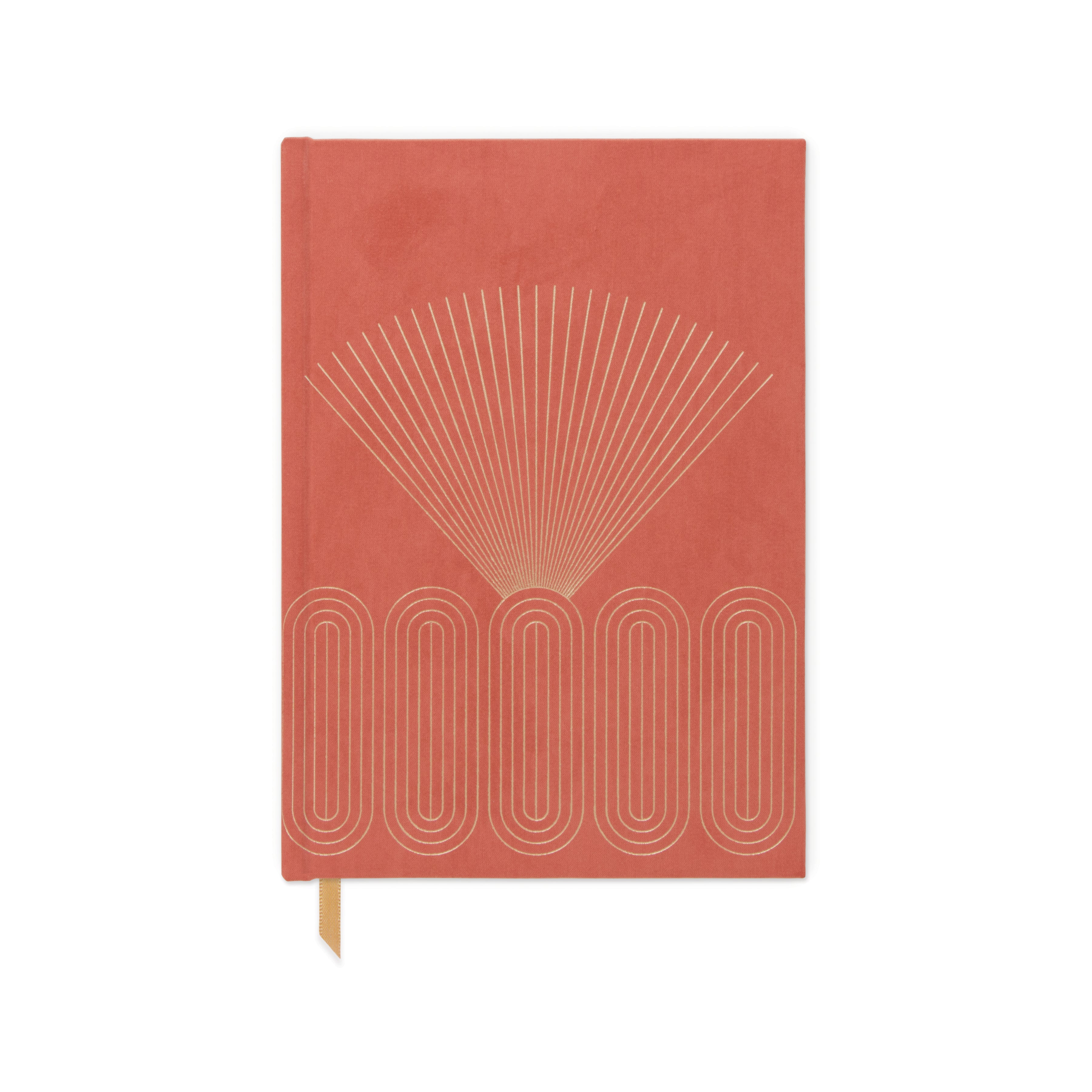 Orangey red Radiant Rays Hard Cover Suede Cloth Journal with pocket, gold geometric design and gold ribbon bookmark. White background. 