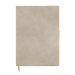Soft Mushroom Vegan Suede Journal with 192 lined pages and ribbon bookmark. White background. 