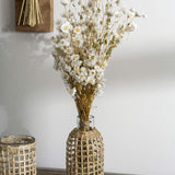 Two Jaxon Caraffes made of rattan covered glass, set in home and holding dried white flowers.