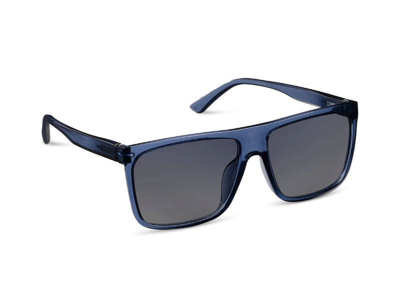 Blue sunglasses with dark lenses on a white background