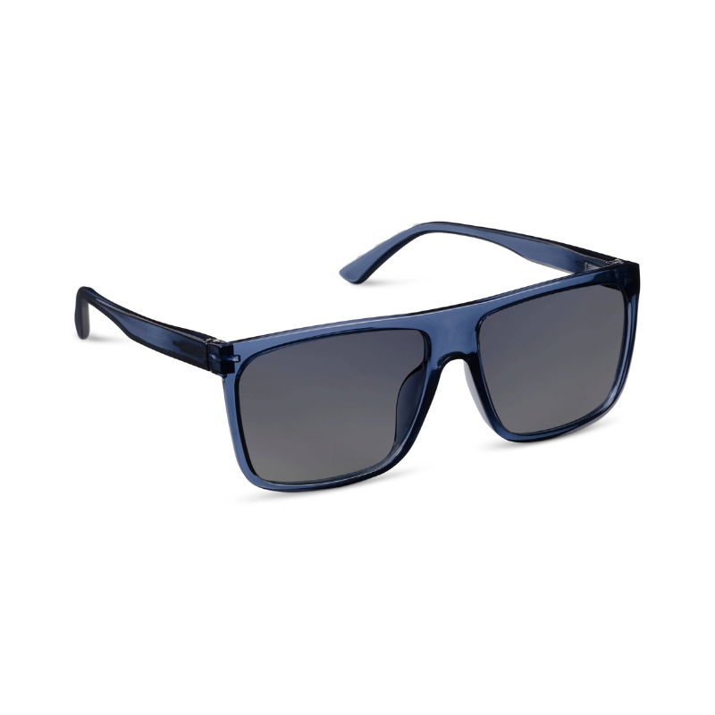 Blue sunglasses with dark lenses on a white background