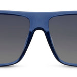 Blue translucent square sunglasses with dark gray gradient lenses, shown against a plain white background.