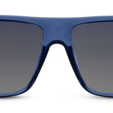 Blue translucent square sunglasses with dark gray gradient lenses, shown against a plain white background.