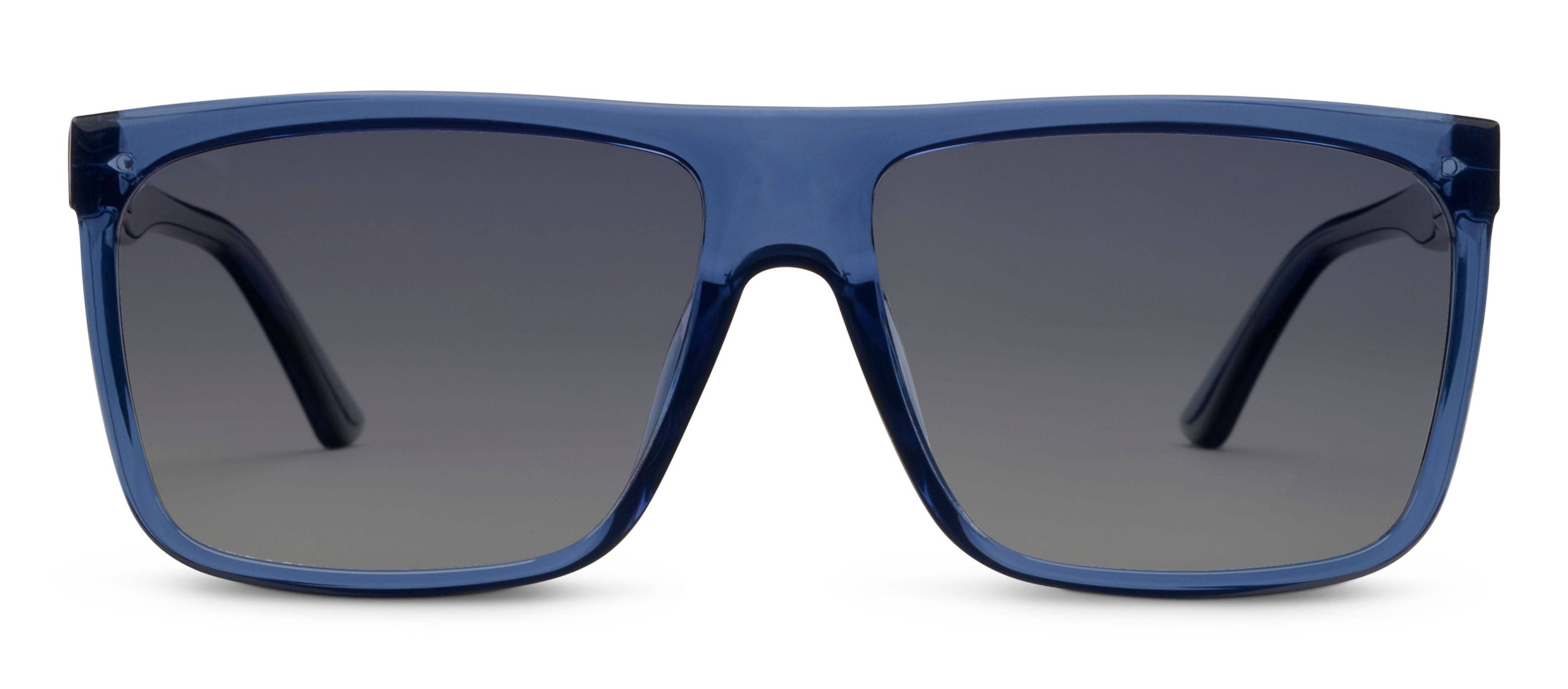 Blue translucent square sunglasses with dark gray gradient lenses, shown against a plain white background.