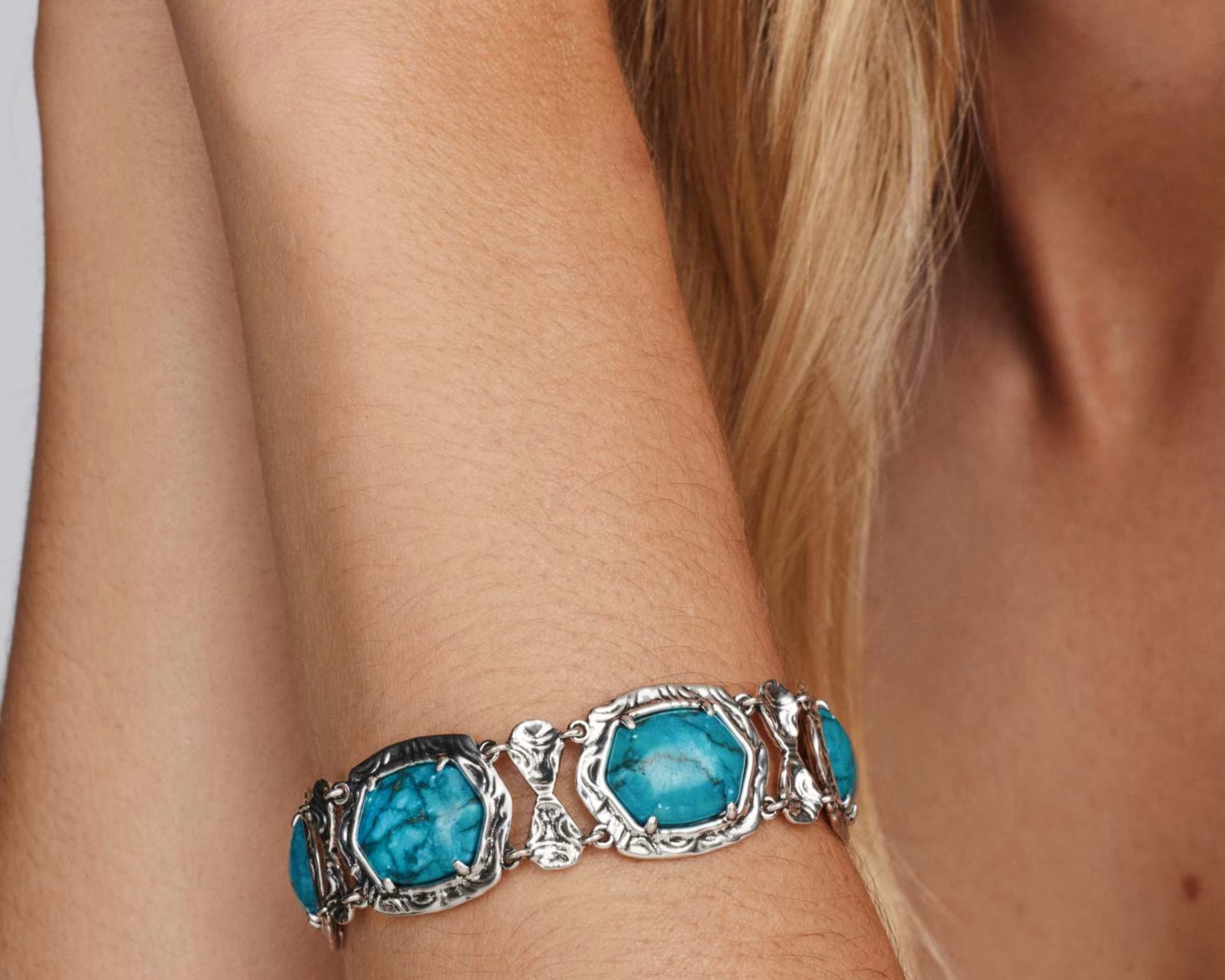 Kendra Scott Tiger Striped Daphne Vintage Silver Statement Bracelet, Turquoise Magnesite Gold, Second View